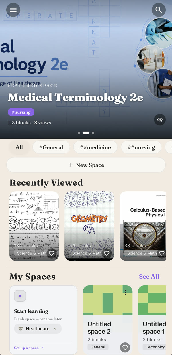 The Twinbook app: a featured space, the New Space button and My Spaces