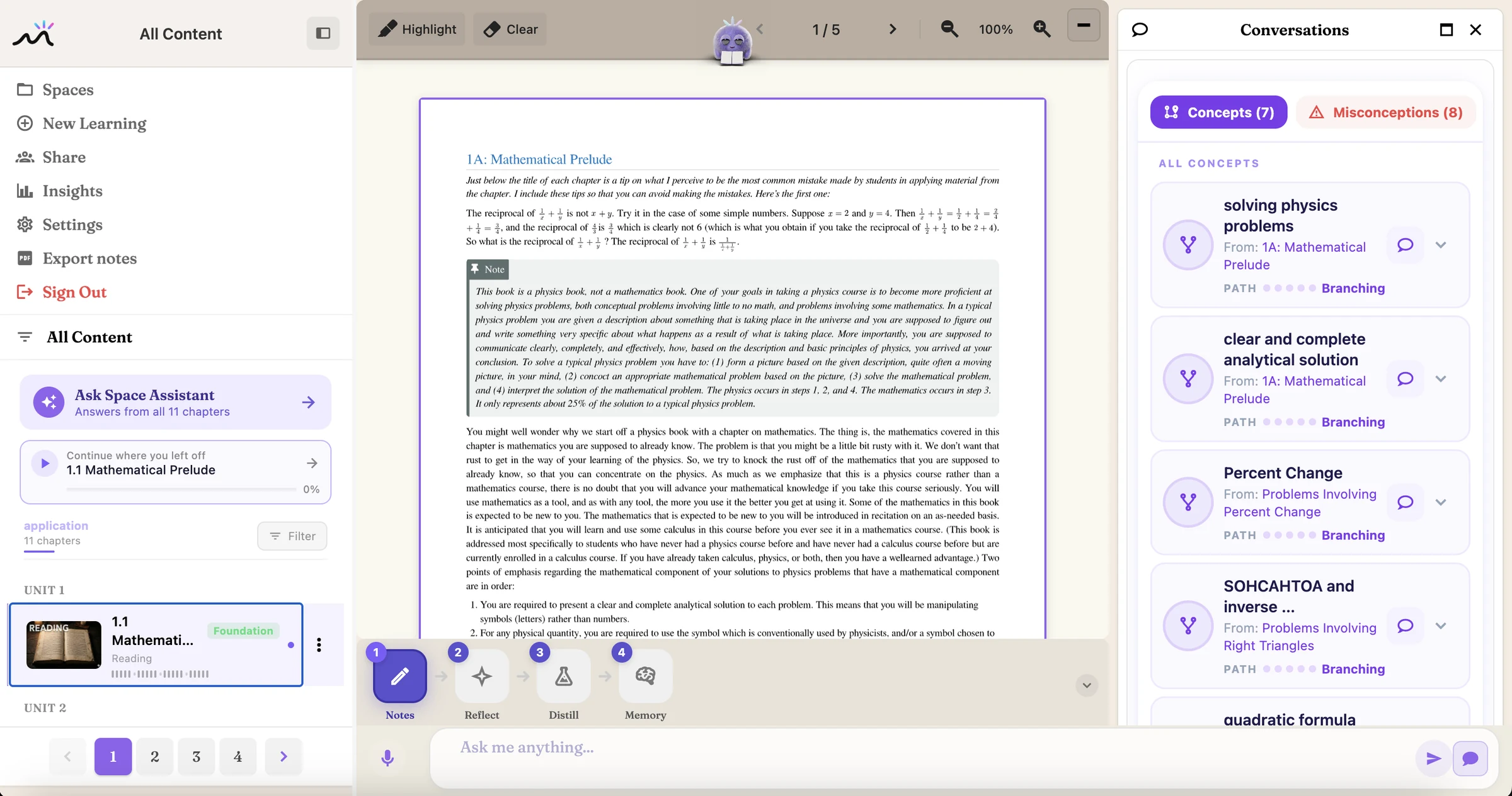 The Twinbook workspace: your library, the reader with Tito, the Notes, Reflect, Distill and Memory tools, and the concepts panel